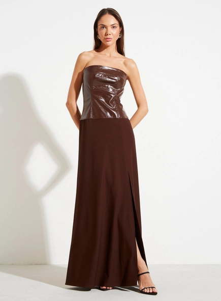 vestido longo crepe e pu sem alça forum