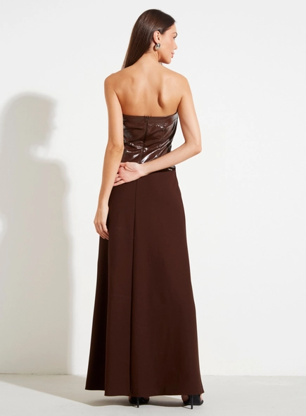 vestido longo crepe e pu sem alça forum