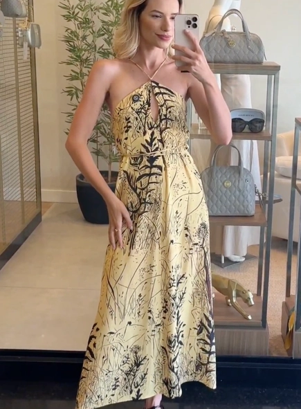 vestido longo animale frente unica folhagem nanquim