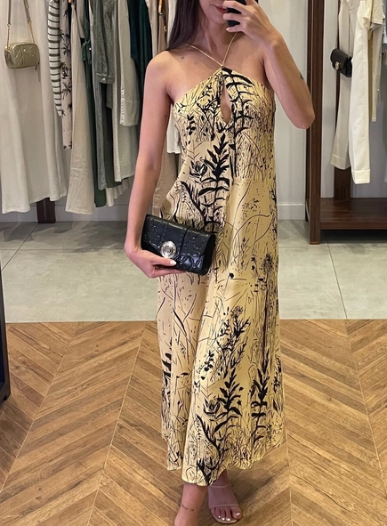 vestido longo animale frente unica folhagem nanquim