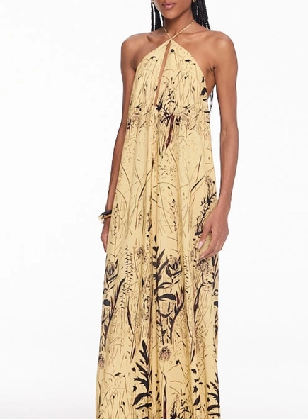 vestido longo animale frente unica folhagem nanquim