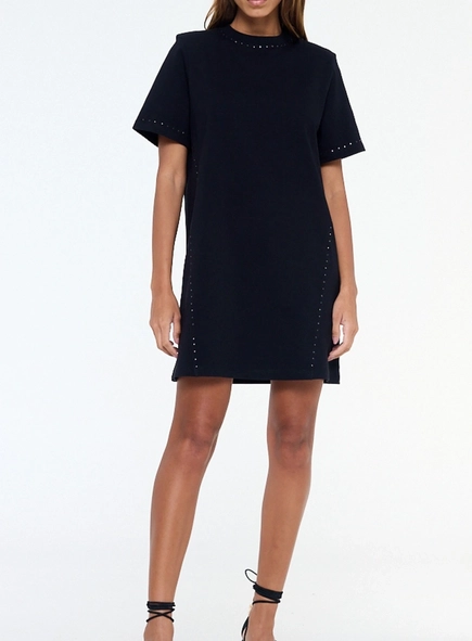 vestido tshirt dress malha brilho gola animale jeans