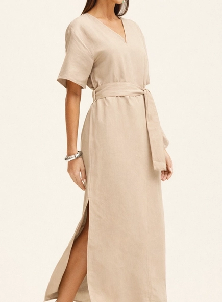 vestido midi linho manga curta com cinto maiara premium