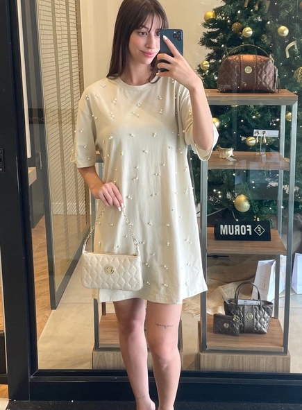 vestido malha animale perolas