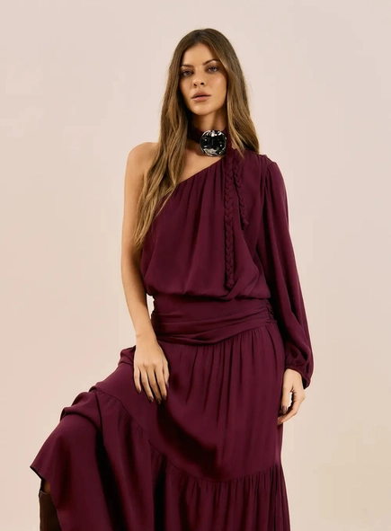 vestido longo open um ombro pala