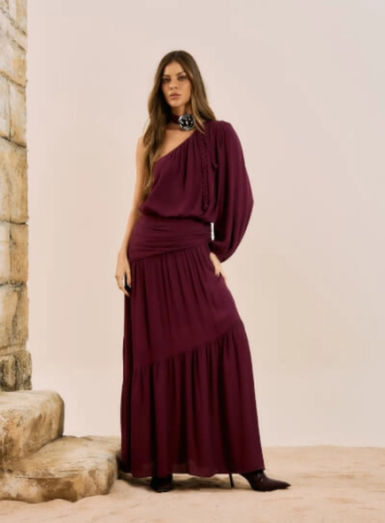 vestido longo open um ombro pala