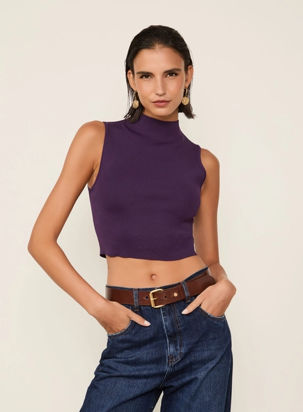 blusa animale cropped gola alta tricot color