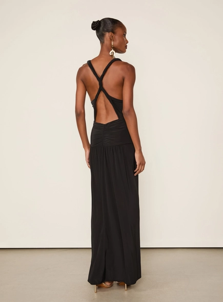 vestido longo animale decote costas jersey