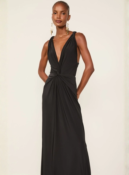 vestido longo animale decote costas jersey