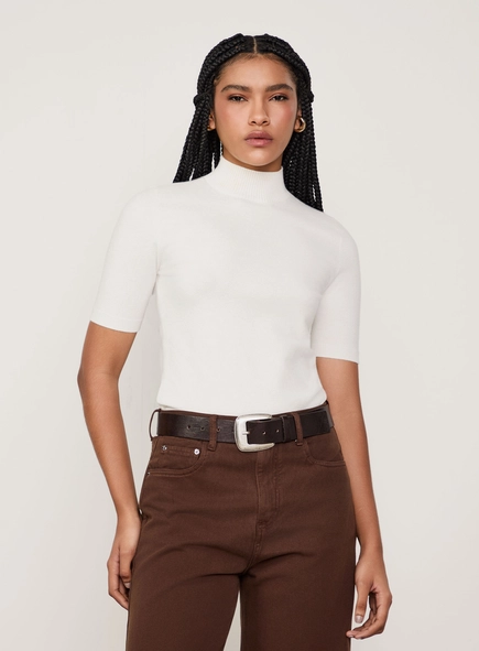 blusa tricot manga curta gola animale jeans