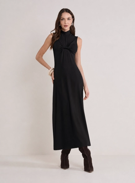 vestido midi evasê gola alta det busto forum