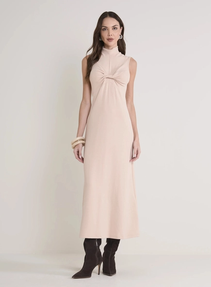 vestido midi evasê gola alta det busto forum