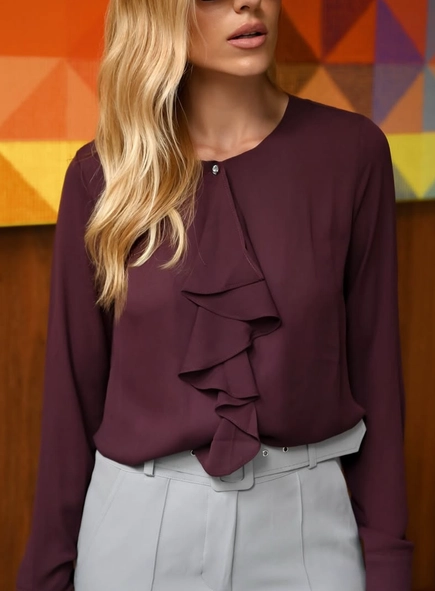 blusa manga longa crepe babado gola