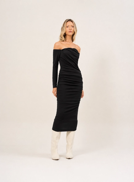 vestido midi manga longa dec reto open