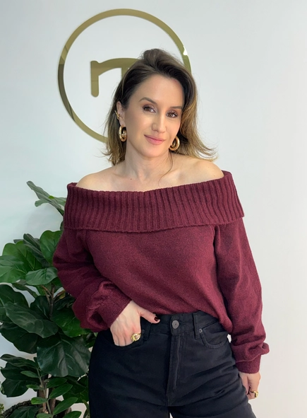 blusa tricot ombro a ombro manga ampla
