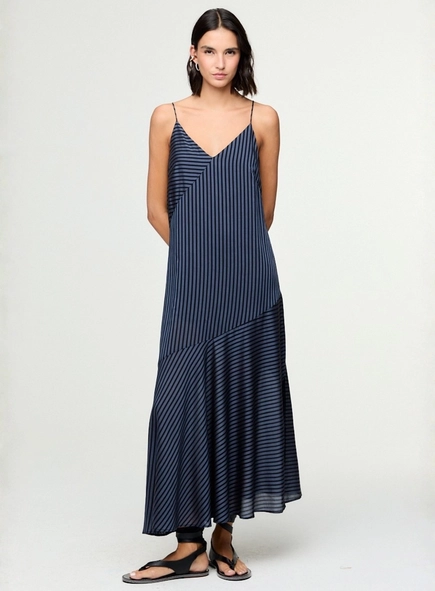 vestido midi listrado recortes animale jeans