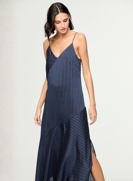 vestido midi listrado recortes animale jeans