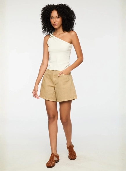 blusa animale jeans um ombro fivela