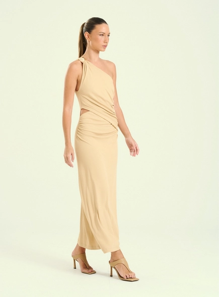 vestido midi um ombro fenda lateral open