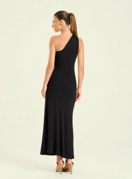 vestido midi um ombro fenda lateral open