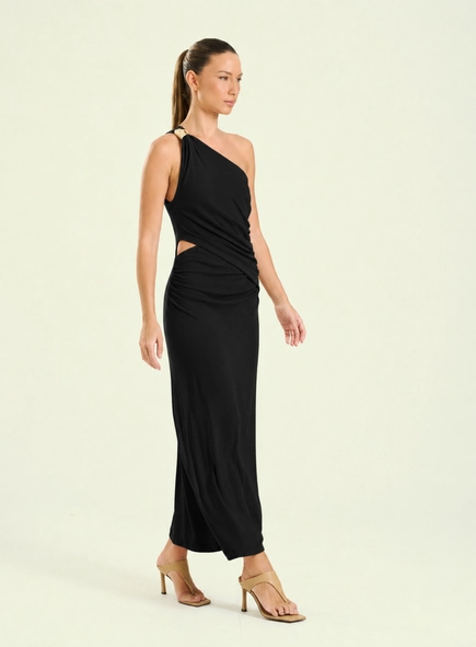 vestido midi um ombro fenda lateral open