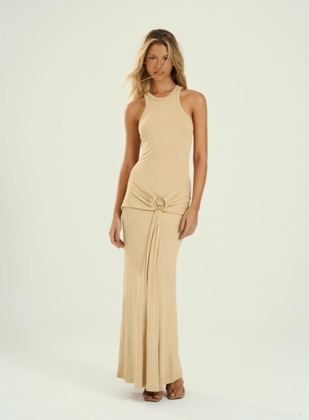 vestido longo malha detalhe cós open