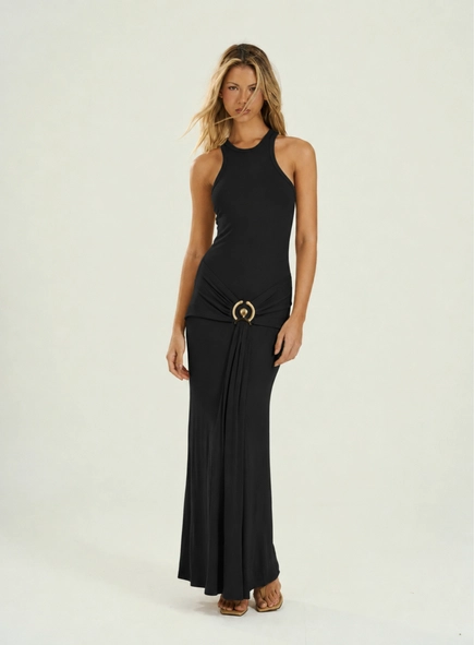 vestido longo malha detalhe cós open