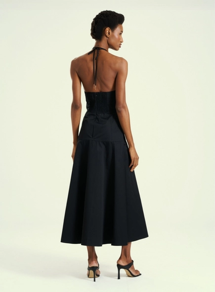 vestido midi evasê frente única metal open
