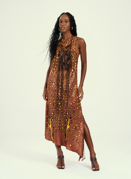 vestido midi animal print assimétrico open
