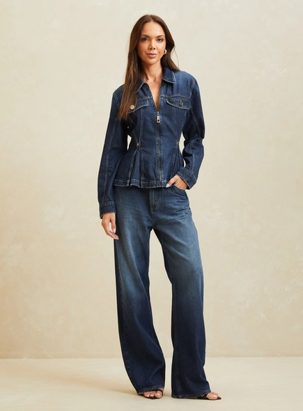 jaqueta jeans acinturada com zíper forum