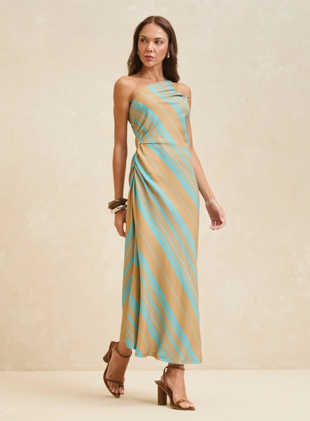 vestido midi um ombro listras resort forum