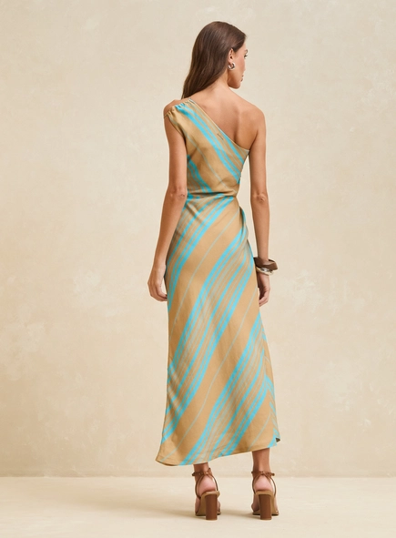 vestido midi um ombro listras resort forum