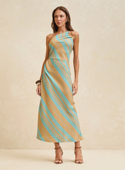 vestido midi um ombro listras resort forum