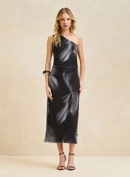 vestido midi um ombro tule estampado forum