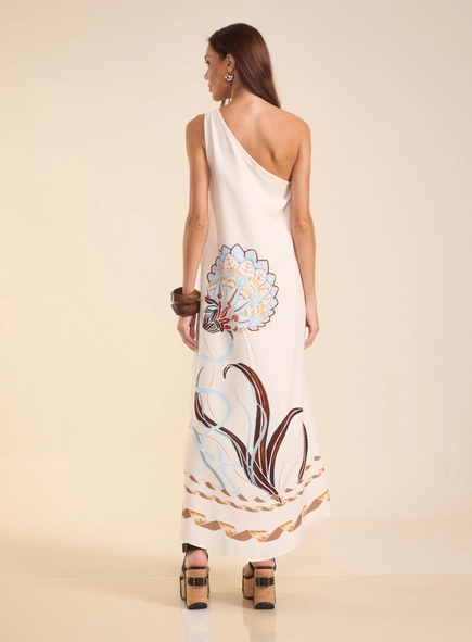 vestido midi um ombro jardim arabesco forum