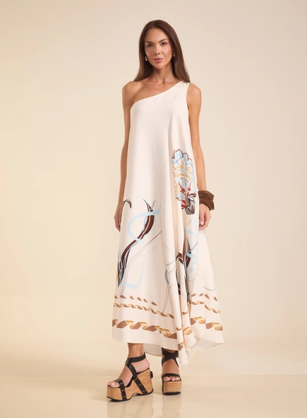 vestido midi um ombro jardim arabesco forum