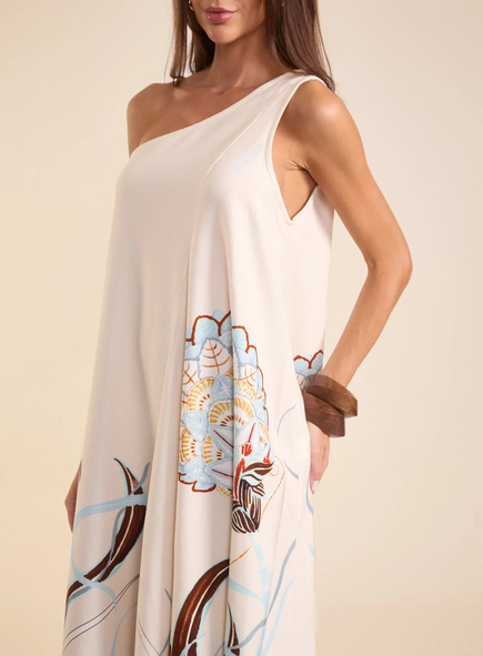vestido midi um ombro jardim arabesco forum