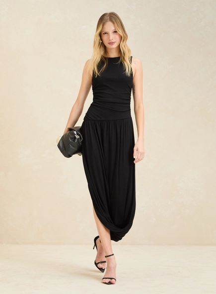 vestido midi drapeado aurora premium forum
