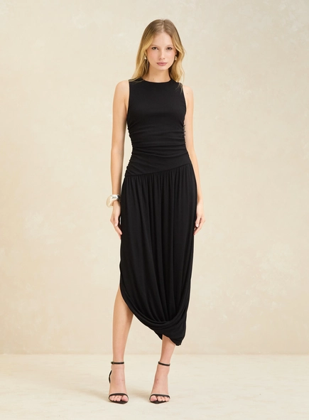 vestido midi drapeado aurora premium forum