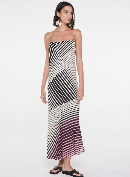vestido midi recorte listras animale