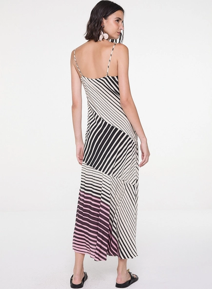 vestido midi recorte listras animale