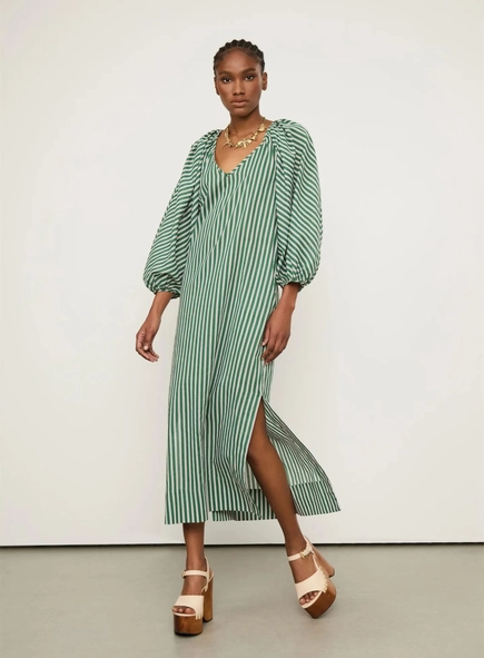 vestido midi manga bufante voil listrado animale