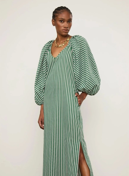 vestido midi manga bufante voil listrado animale
