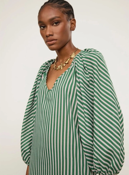vestido midi manga bufante voil listrado animale