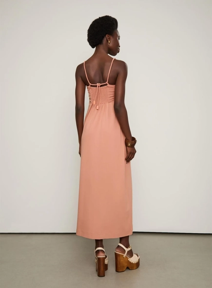 vestido midi busto franzido animale