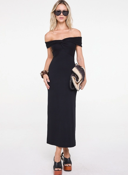 vestido midi ombro a ombro textura animale