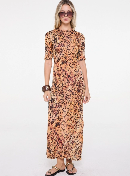 vestido midi manga franzida animale