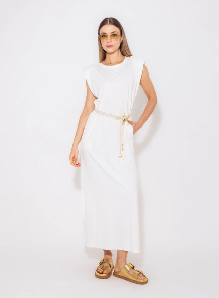 vestido midi reto span com cinto borda barroca