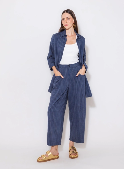 camisa ampla denim listra borda barroca