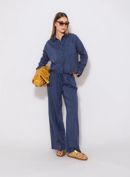 camisa amarração denim listra borda barroca